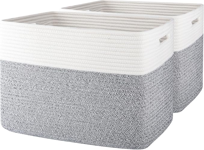 OIAHOMY 2 PACK Tall Storage baskets 42L Blanket Basket Living Room Grey | Large Collapsible Storage Bins Narrow Basket Baskets for Closet Organization Storage Baskets for Shelves Toy Storage Basket