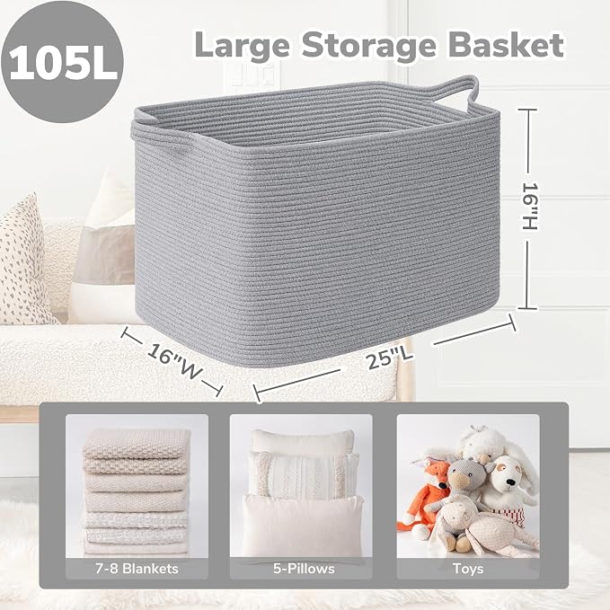 Goodpick 105L Extra Large Woven Rope Blanket Basket, Rectangle, Gray | 25'' x 16'' x 16'' Storage Basket for Blankets, Pillows & Clothes, Living Room & Bedroom Organization, Reinforced Handles