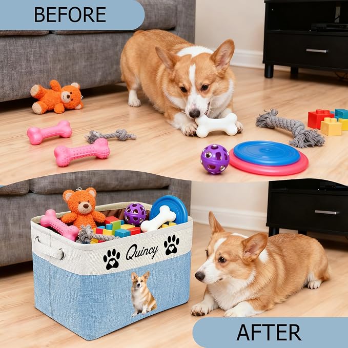 Amlion Personalized Dog Toy Basket Storage,Custom Pet Collapsible Bins with Name Photo Customized Box Organizer for Toys Dolls Clothing - Gray