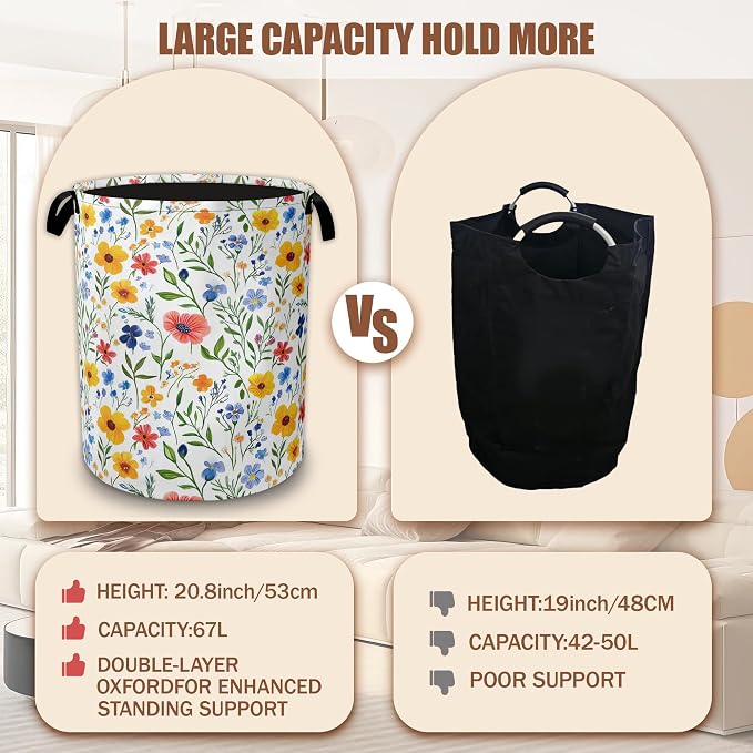 Laundry Basket Colorful Wildflower Collapsible Laundry Baskets Waterproof Oxford Cloth With Handles,Laundry Hamper Clothes Storage Bucket Toy Organizer for Bathroom/Nursery/Bedroom 16" x 20.8"