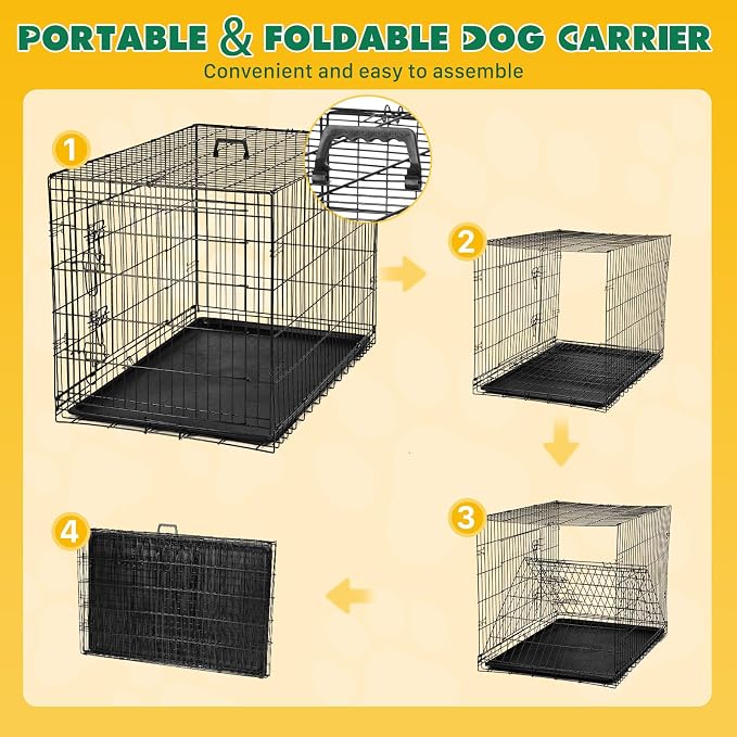 Extra Large Dog Crate 48 Inch, Metal Wire Foldable Dog Cage Kennel | Double Door, Secure Lock, Plastic Leak-Proof Pan Tray, Indoor Outdoor Training Pet