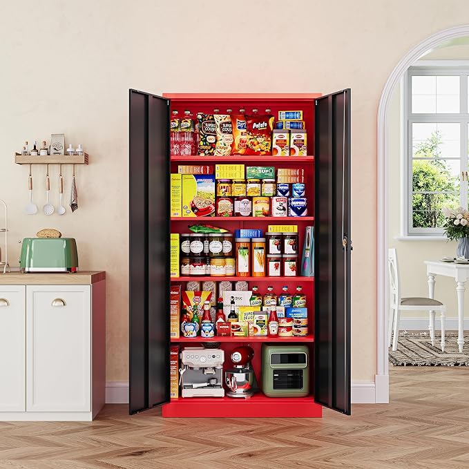 Metal Storage Cabinets with Lock, 71" Tall Locker Organizer Steel Cabinets, Adjustable Shelves 2 Doors for Home, Office, Warehouse,Garage,Industrial,Employee Lockers (Style B, Black Red)