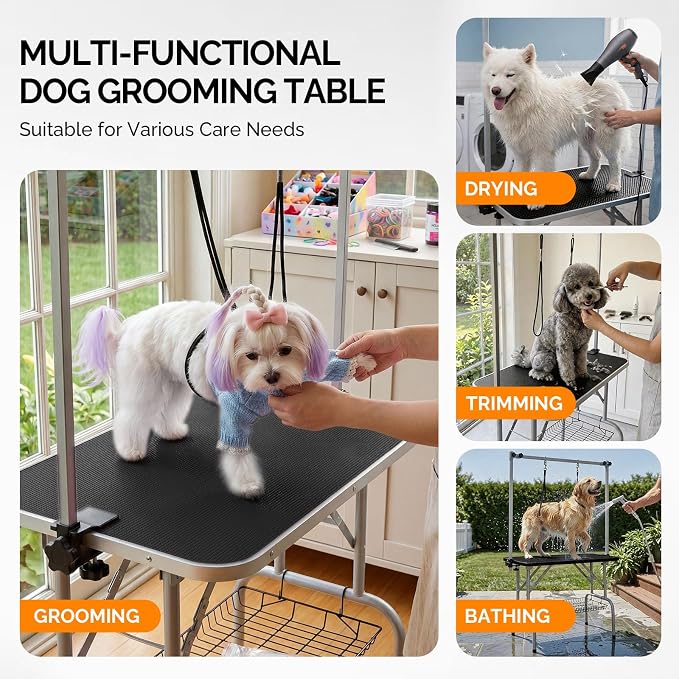 VINGLI Dog Grooming Table, Adjustable Cat Grooming Desktop with Arms and Storage Basket, Pet Grooming Stand at Home (Black, 36 inch)