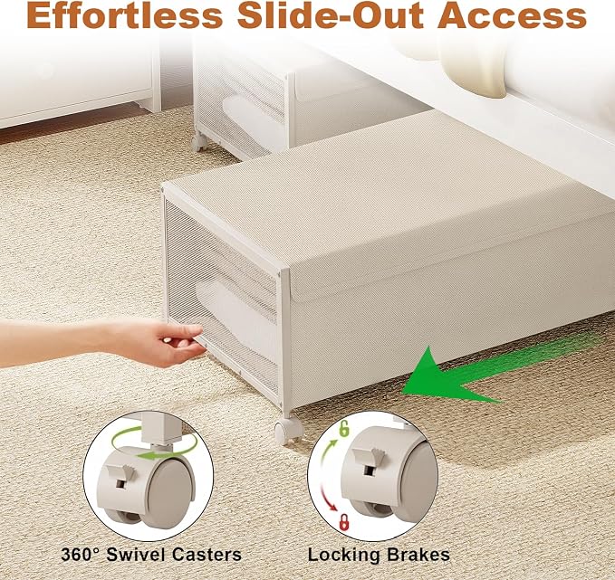 Fokyfok 2Pack Under Bed Storage Containers,12 inch Height,31 inch Long | Under Bed Shoe Storage,Underbed Storage with Wheels,Large Rolling under bed Clothes Storage Drawers,Lid,Dorm Tall,Ivory