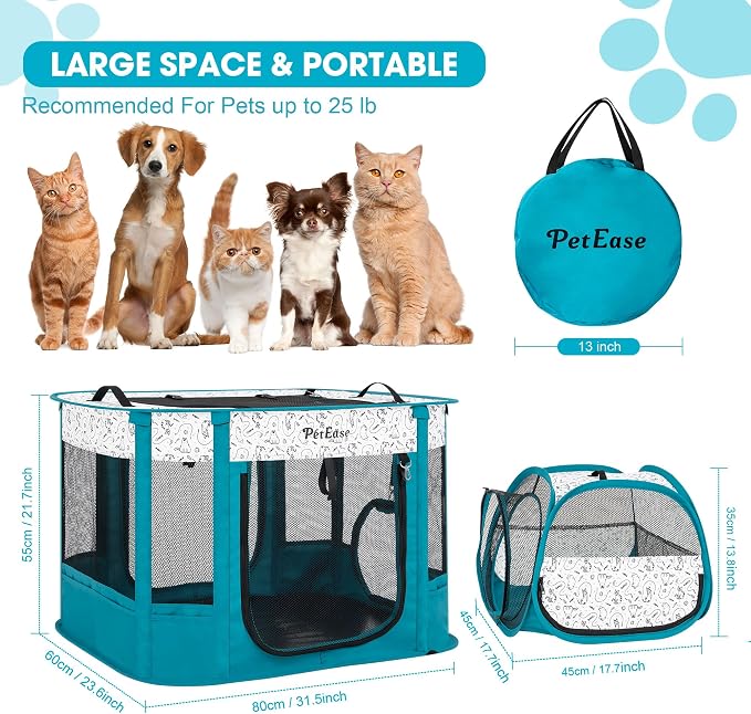 Portable Cat Playpen with Litter Box, Cat Enclosure for Camping, Cat Recovery Playpen After Surgery, Foldable Indoor Outdoor Pet Tent for Cats Rabbits Puppies (Peacock Blue)