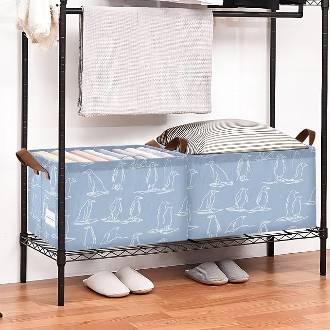 Light Blue Line Drawn Penguin Storage Basket Foldable Cube Storage Bins with Handles&Label Waterproof Organizer Box Bin Large Rectangle Decorative Baskets for Shelves Home Room Laundry-2 Pack