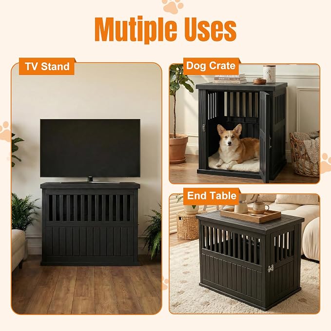 EFU 32 Inch Small Dog Crate Furniture, Indoor Dog Kennel, Puppy Pet House | Resin Pet House End Side Table, Waterproof Puppy Crates Cage for Medium Small Dogs to 45 lb, Black