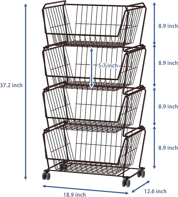 PUSDON 4-Tier Large Stackable Wire Storage Baskets with Wheels, Metal Rolling Utility Cart Organizer, Produce Basket for Kitchen Pantry, Floor Shelf, Vintage Bronze