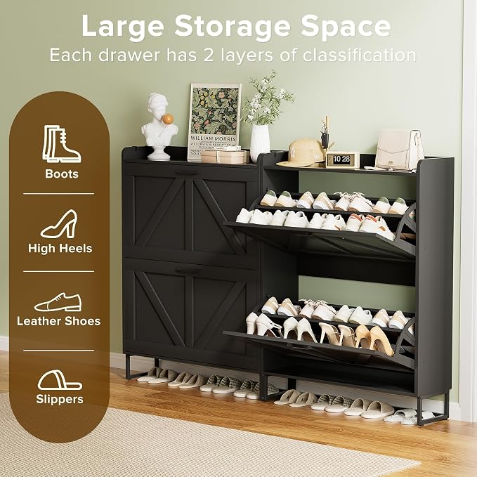 Urban Deco Shoe Cabinet with 2 Flip Drawers, Slim Shoe Storage for Entryway | Space Saving Shoe Cabinet with Flip Drawers, Shoe Storage Organizer for Entryway, Narrow Design for Small Spaces, Black