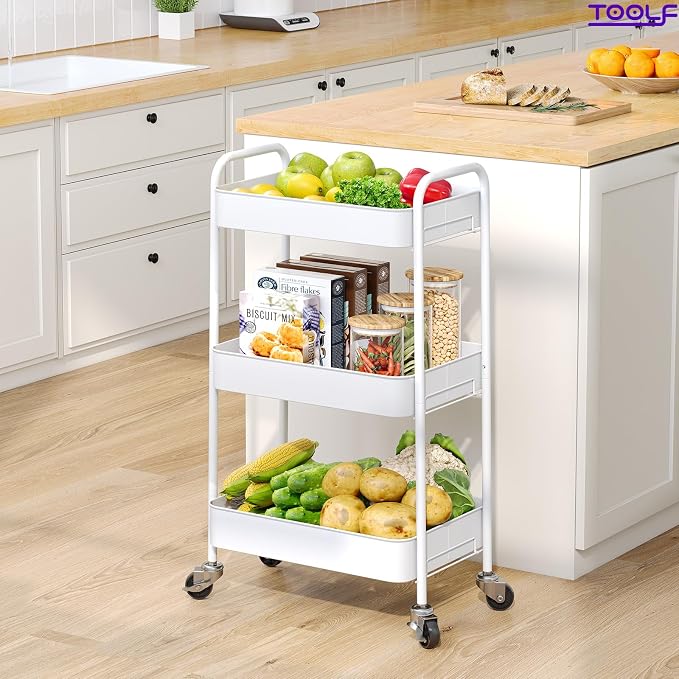 TOOLF 3 Tier Metal Rolling Cart, Utility Storage Cart with Wheels, White | Screwless Assembly, Lockable Metal Wheels, Trolley Organizer for Bathroom, Kitchen, Office, Dorm, Laundry, Craft Room