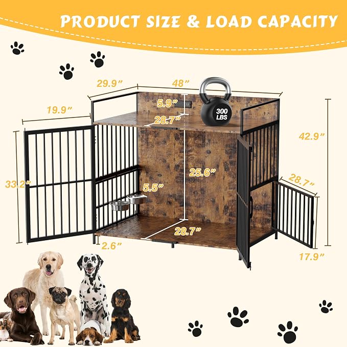 XL Dog Crate Furniture, 48" Large Wooden Dog Cage House with Adjustable Dog Bowls, Indoor Decorative Dog Kennel with Double Doors, Charging Station, Brown (48" L x 29.9" W x 42.9" H)