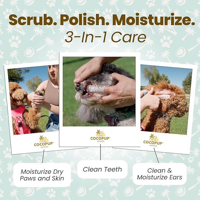 Cocopup Dog Teeth Cleaning Wipes Ear Nose Paws Fur Cleaner Pure Coconut Oil 3 Packs of 50