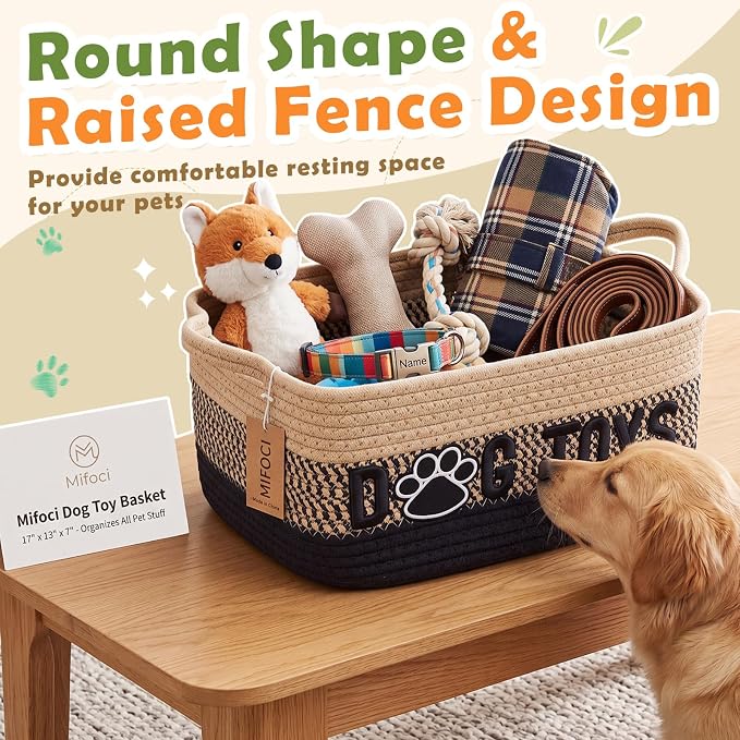 Large Dog Toy Basket with Handle, Quality Cotton Rope Dog Toy Bin | 17"x13"x7" Woven Baskets for Organizing, Large Pet Toy Storage Organizer for Accessories Coat Clothing Blanket Leash