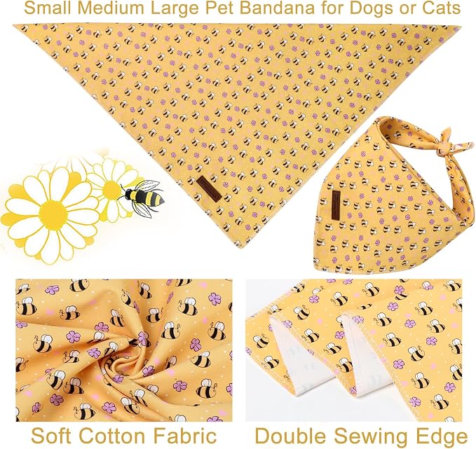 Bee Dog Bandana, Spring Summer Puppy Bandana for Small Medium Dog, Cotton Bee Floral Pet Triangle Bid Scarf Kerchief for Girl Boy Dogs or Cats