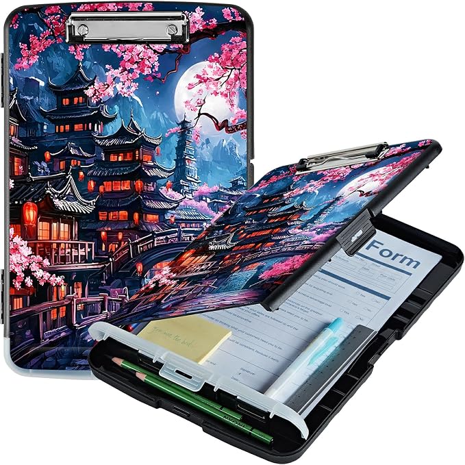 Cherry Blossom House A4 Clipboard with Storage Pen Holder, Clipboards Organizer Nursing Clipboard Foldable File Folder Plastic Clipboard Folio Clip Board for Office Students Classroom