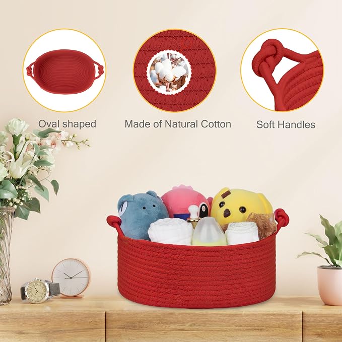 Small Empty Gift Basket with Bag & Ribbons, Red | 12“x8”x5”, Cotton Rope Woven Basket for Birthdays, Baby Showers, Mother's Day, Christmas; Stores Small Items, Kids & Pet Toys