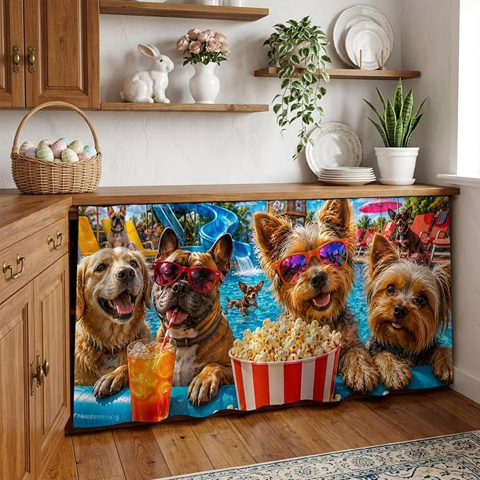 Summer Dog Sink Skirt for Bathroom, Self-Adhesive Under Sink Curtain, Summer Fantasy Pets Juice Popcorn Pool Country Hide Pipes & Storage Fabric Cabinet Skirt Cover for Kitchen Laundry 32"x55"