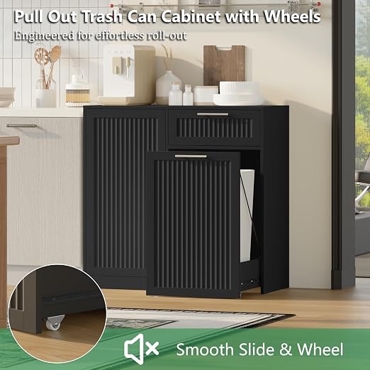 Single 13 Gallon Pull Out Trash Can Cabinet with Storage Cabinet,Black | Pet Proof Hidden Garbage Can Cabinet,3-Tier Shelves,Fluted Design,Extra Drawer Space,Kitchen & Dining Room Organization