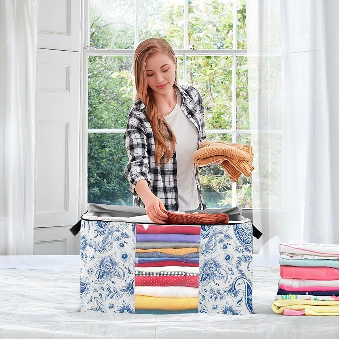 Blue Paisley Floral Clothes Storage Bag Bins 2 Pack Foldable Storage Containers Large Closet Organizer with Zipper Blanket Storage Bag for Clothing Bed Sheets Comforters 95L