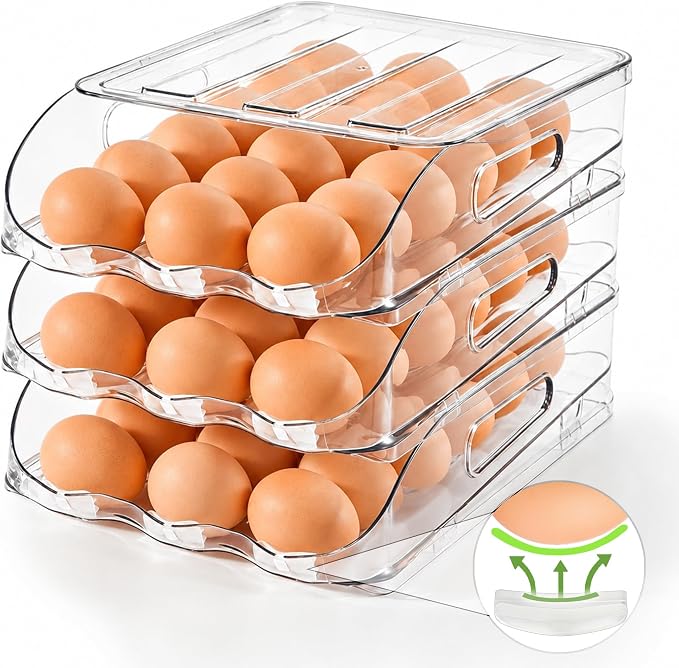 SMRCAD 54-Egg Dispenser with Silicone Bumpers, Auto-Rolling, Stackable | BPA-free food-grade PET | Stackable with lid | Built-in handle | 11.92"L x 8.85"W x 7.9"H | Hand wash only