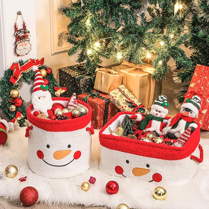 Christmas Gift Basket, Large Red Collapsible Storage Bin with Handles, Empty Fabric Holiday Basket for Presents, Blankets, Home Decor and Gift Giving