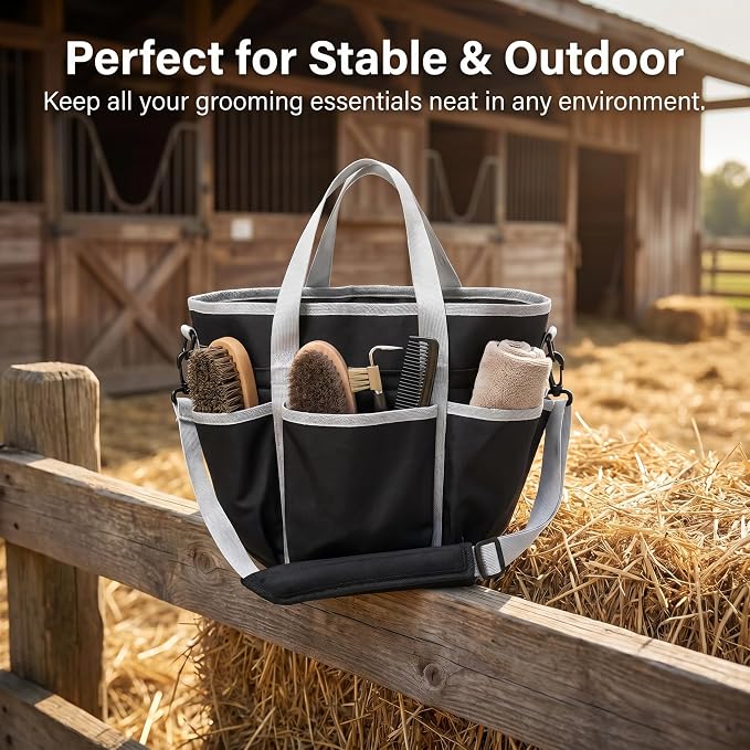Horse Grooming Tote Bag with 6 Pockets & Drawstring Closure, Portable Grooming Bag for Horses, Waterproof Tack Bag with Shoulder Strap for Horse Grooming Supplies, Equestrian Grooming Kit Organizer