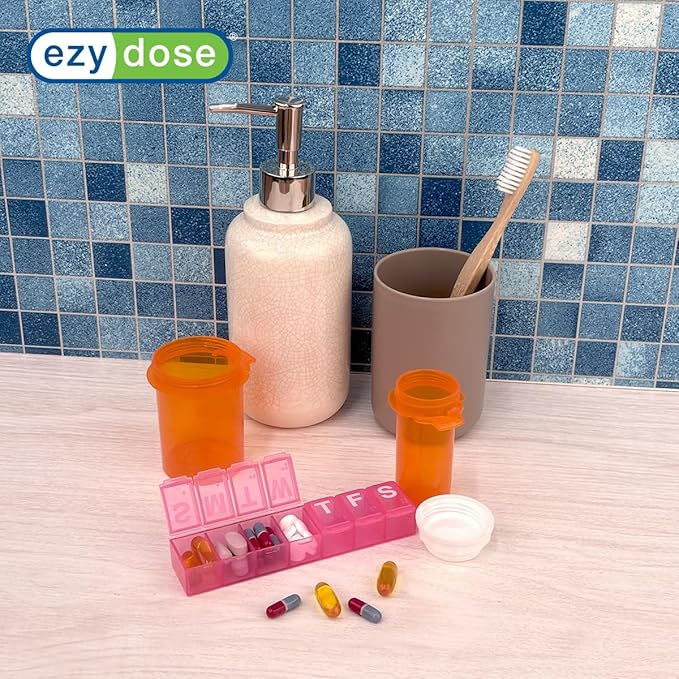 Ezy Dose Weekly (7-Day) Pill Organizer, Medium Planner, Pink, BPA-Free | Compact Daily Vitamin & Supplement Medicine Case, Pop Up Compartments, Convenient and Easy to Use, Travel-Friendly, BPA-Free