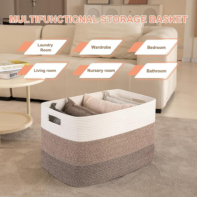 OIAHOMY 108L Extra Large Blanket Basket Dog Toy Basket radient Dark Brown | Rectangle Woven Baskets for Storage Cotton Rope Basket For Living Room Toy Storage Blanket Storage Laundry Basket