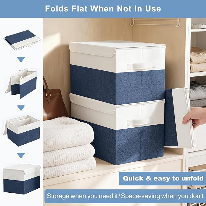 Large 17" 42 Quarts Collapsible Stackable Storage Bins with Lids [3-Pack] Foldable Fabric Linen Storage Boxes Cube, Closet Organizer Baskets with Label for Home (16.7 x 12 x 12", Navy Blue & White)
