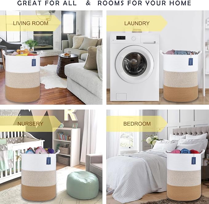 COMSE Tall Woven Blanket & Laundry Basket, 72L, White & Camel Mix | 15.7”x 21.7”, Cotton Rope, Large Nursery Hamper for Storage of Toys Clothes Towels, Great for Living Rooms Bedrooms Bathrooms