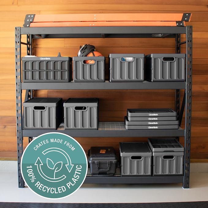 Collapsible Storage Bin (With Lid) (100% Recycled) - 46L - Obsidian (3PK) | Keep Stored Items Covered and Stackable | Each Bin Holds 75 lb, the Lid Stores Underneath, and the Crate Folds to 2.5 Inches