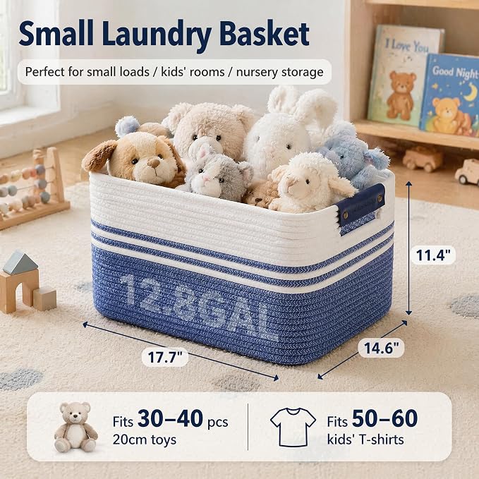 Cotton Rope Laundry Basket Small, 12.8GAL Collapsible Woven Storage Baskets for Living Room Kids Toys Stuffed Animal,Boho Rectangular Decorative Short Hamper for Dirty Clothes, Blankets Denim Blue
