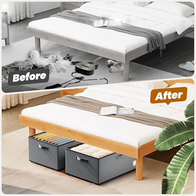 Dayacoco Under Bed Storage With Wheels,10in Underbed Storage Containers 65L | Large Capacity Underbed Storage, No Assembly Required Rolling Under Bed Storage for Clothes Blankets Shoes Grey