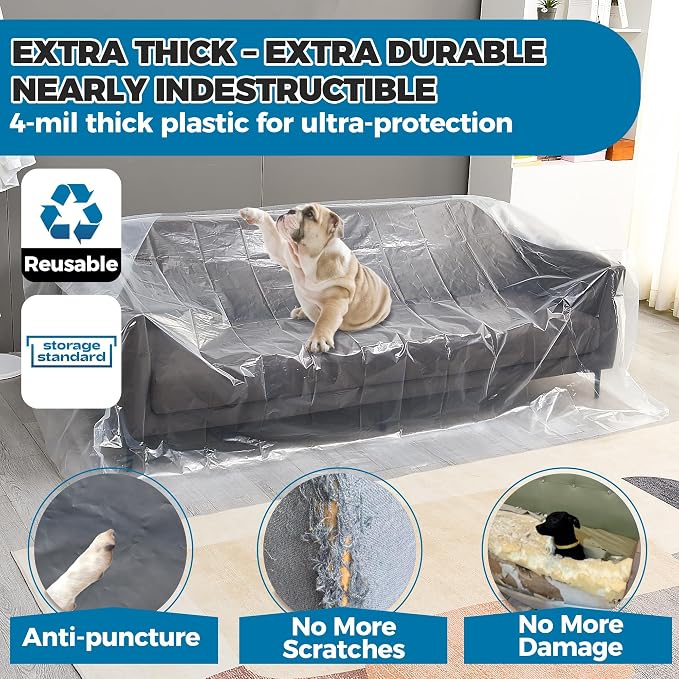 Plastic Furniture Covers for Moving - Heavy-Duty Couch Cover for Sofa, Waterproof & Dustproof Clear Moving Bags for Renovation, Wrap or Storage - Extra Large Bag Open Size 96 x 42 x 62 Inch