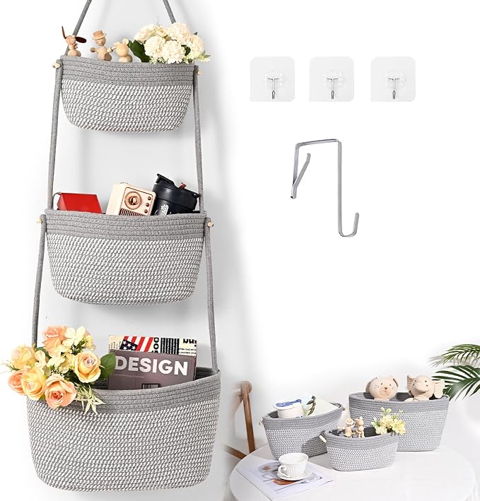 Hanging Basket, 3-Tier Woven Wall Basket with 4 Hooks, Cotton Rope Storage Baskets, Over the Door Organizer for Nursery, Bedroom, Cottage and Boho Wall Decor
