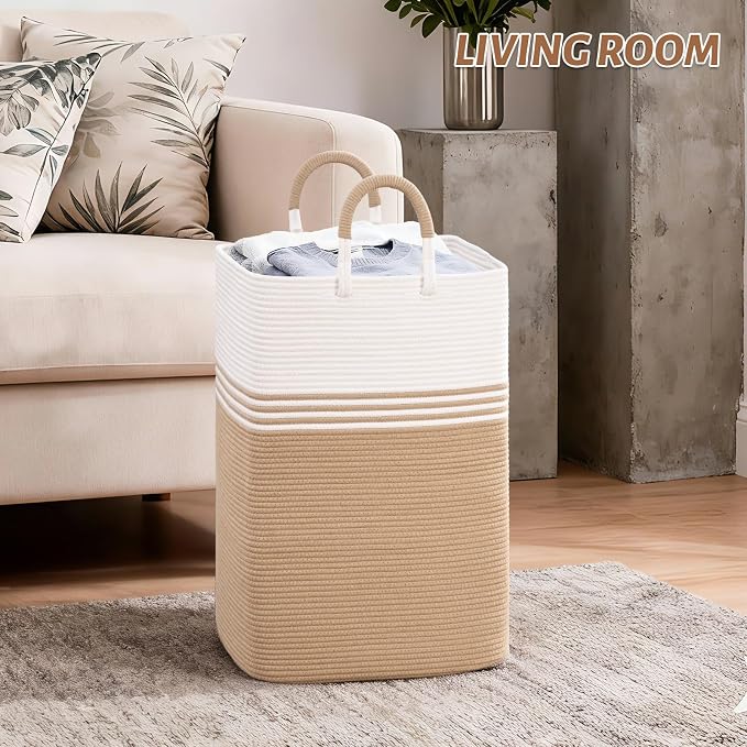 Laundry Basket Hamper,Blanket Storage,Dirty Clothes Hamper with Swivel Handles,Woven Cotton Rope Toy Baskets,Blanket Basket Living Room,Decorative Hampers for Nursery,Bedroom,White & Brown,80L