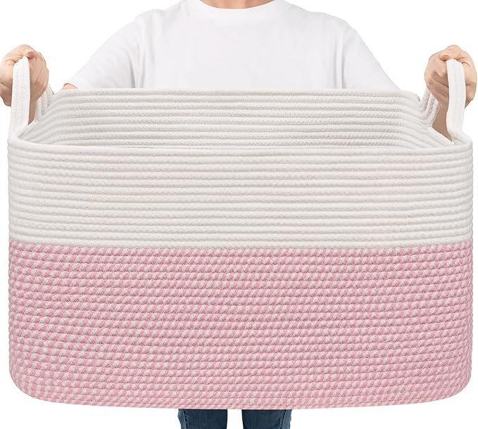 Goodpick Large Woven Rope Blanket Basket, Rectangle, White & Pink | 21.6'' x 14.9'' x 11.8'' Storage Basket for Baby Toys & Kids Essentials, Nursery & Bedroom Organization, Reinforced Handles