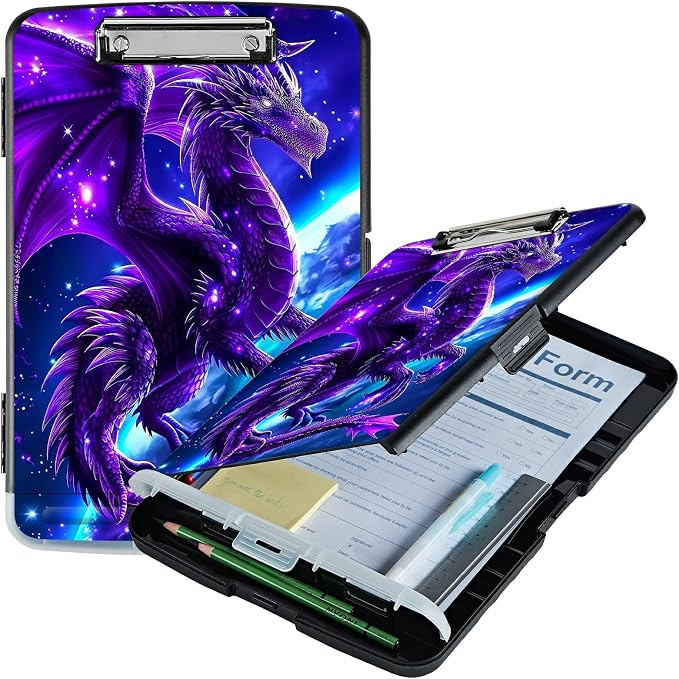 Purple Planet Dragon A4 Clipboard with Storage Pen Holder, Clipboards Organizer Nursing Clipboard Foldable File Folder Plastic Clipboard Folio Clip Board for Office Students Classroom