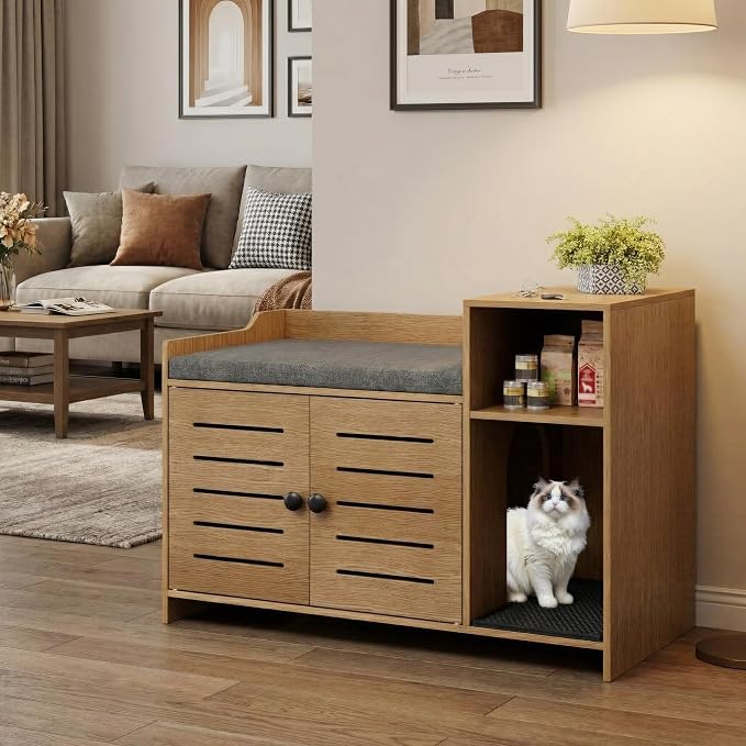 Cat Litter Box Enclosures, Large Hidden Cat Litter Box Furniture with Double Door, Wooden End Table Litter Box Cabinet with Storage Shelf, Cushion & Litter Mat, Dog Proof Design, Modern Cat House