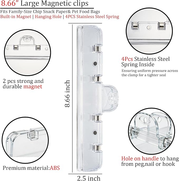 Food Bag Clips with Magnetic, Extra Large Heavy Duty Airtight Sealing | for Chip Bags, Snacks, Pet Food– Keep Fresh, Kitchen Storage Organization, Paper Clamps for Fridge, 8.66",2Pcs Transparent