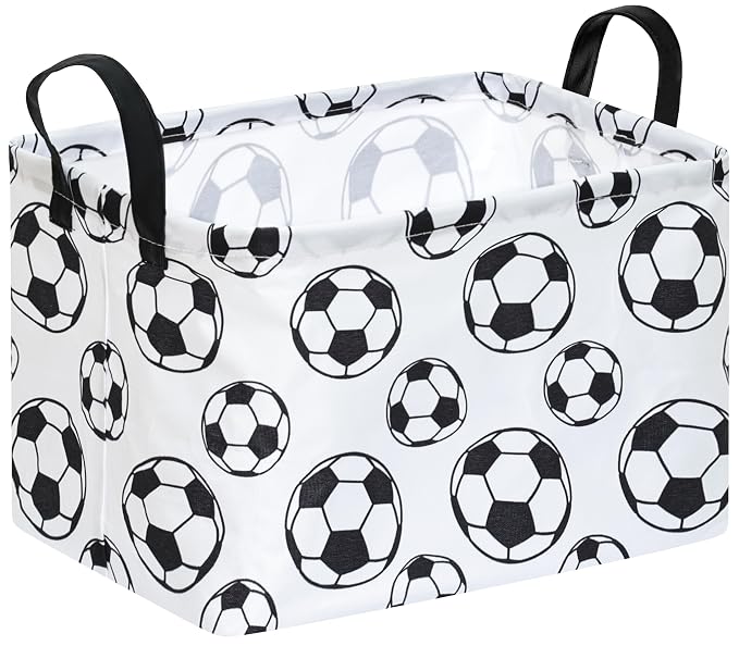 Football Storage Basket for Boys Room, Foldable Toy Organizer Bin | Cotton Linen Blend with Waterproof Lining, Sturdy Handles & Foldable Design for Toys, Clothes, Laundry and Home Organization