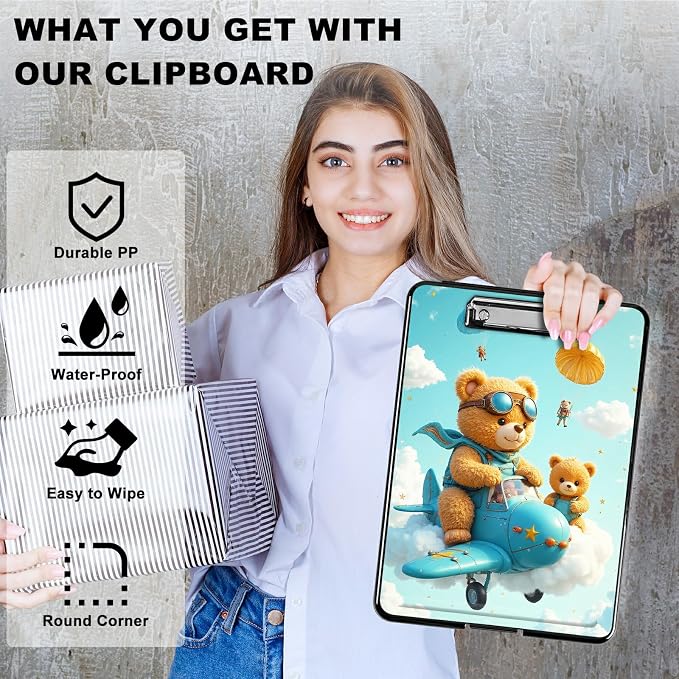 Heavy Duty Storage Clipboard, Slim Nursing Clipboard with Internal Pen Case, Portable File Organizer Case for A4 Letter Size Paper Office Medical Professionals, Airplane Bear
