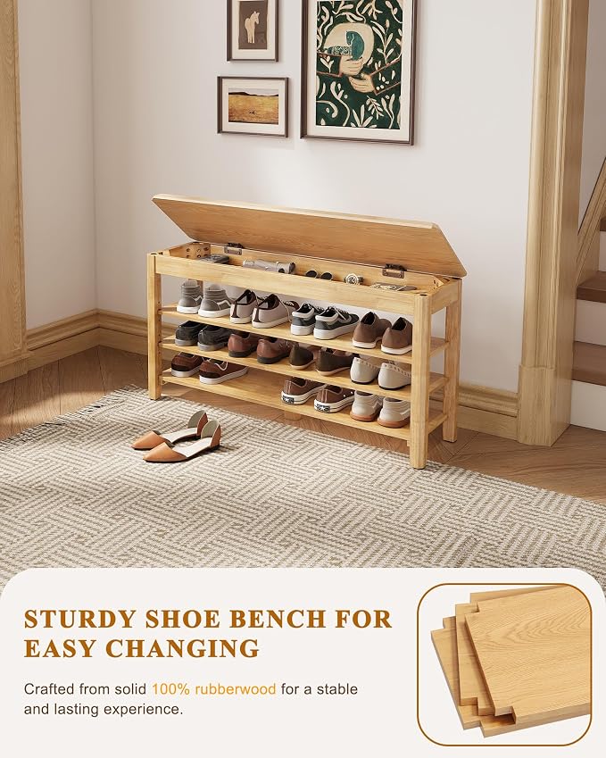 IUNVR Shoe Rack Bench Seat Rubberwood 3-Tier Wooden Storage Bench 550lbs Compact Mid-Century Modern Design for Entryway, Hallway, Closet, Front Door Entrance, Foyer