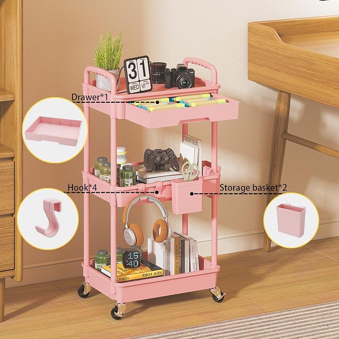 3 Tier Rolling Utility Cart with Drawer, Plastic Storage Organizer Rolling Carts with Wheels Handles Hanging Cups Hooks for Office, Bathroom, Kitchen,Craft Art Room (Pink)