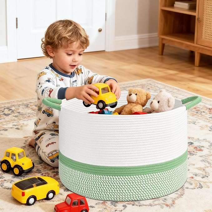 67L Large Blanket Basket, 20"x13" Blanket Basket Living Room, Woven Baskets With Handle, Toy Baskets for Blankets, Nursery, Dog, Pillow, Gift (White & Green)