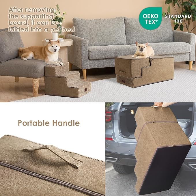 EHEYCIGA Dog Stairs for High Bed 22.5" H, 5-Step Dog Steps, Camel | Pet Steps for Small Dogs and Cats for Bed, Non-Slip Balanced Pet Ramp Indoor