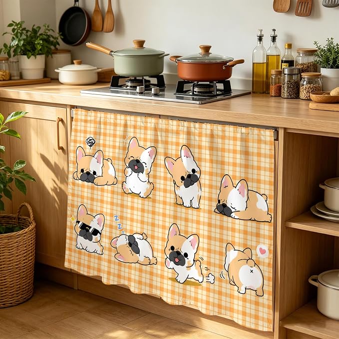 Cute Puppy Cabinet Dishwasher Hidden Curtains, Privacy Closet Door Curtain, Orange Beige Plaid Modern Funny Dogs Pet Adhesive Dust Proof Under Sink Skirt for Bathroom Kitchen 35"x35"