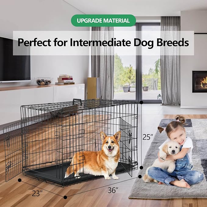 36'' Foldable Metal Wire Dog Crate Double Door, Folding Portable Dog Cage Double Lock, Collapsible Intermediate Dog Crate w/Leak-Proof Pan/Divider/Handle, Dog Kennel for Intermediate Dogs Indoor