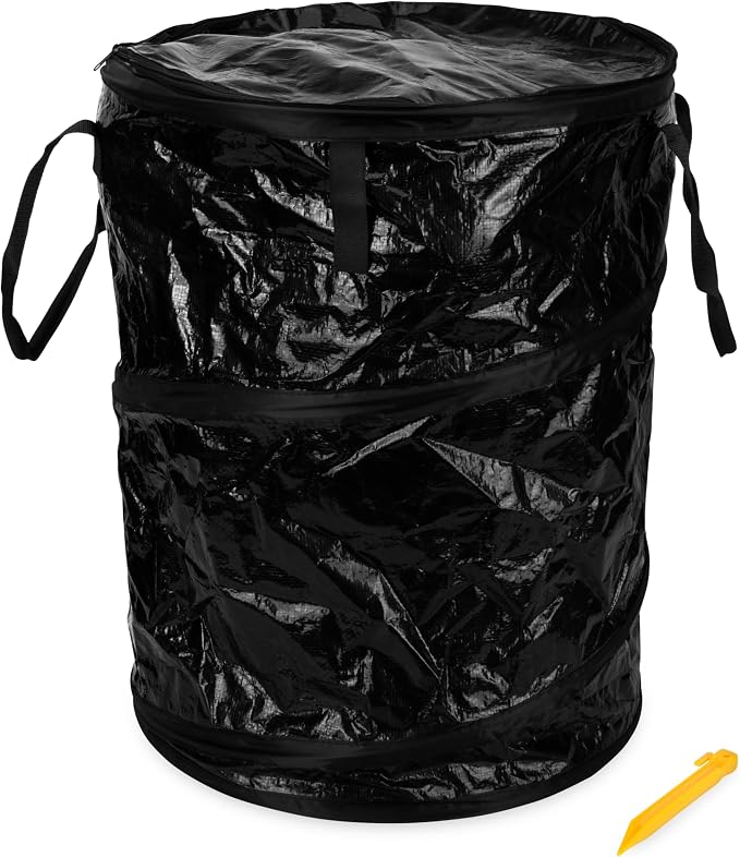 Camco Pop-Up Utility Container - Use as Collapsible Trash Can When Camping - Holds 30-Gallon Kitchen-Size Trash Bags - Stands 2-Ft Tall & Collapses for RV Storage and Organization (42893-A)