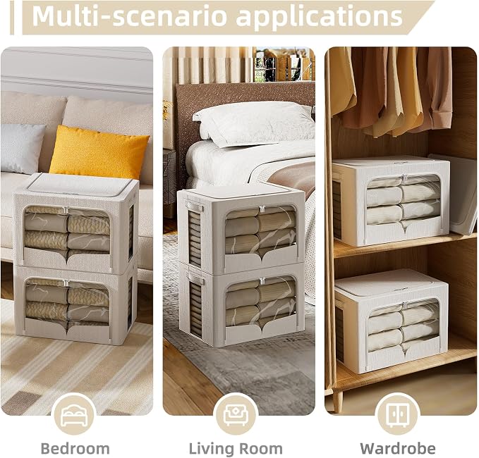 FHSQX 3 Pack Clothes Storage Bins with Metal Frame | 15.7x11.8x9.8inch (30L),Foldable, Stackable, Linen Fabric, Carrying Handles, Clear Window